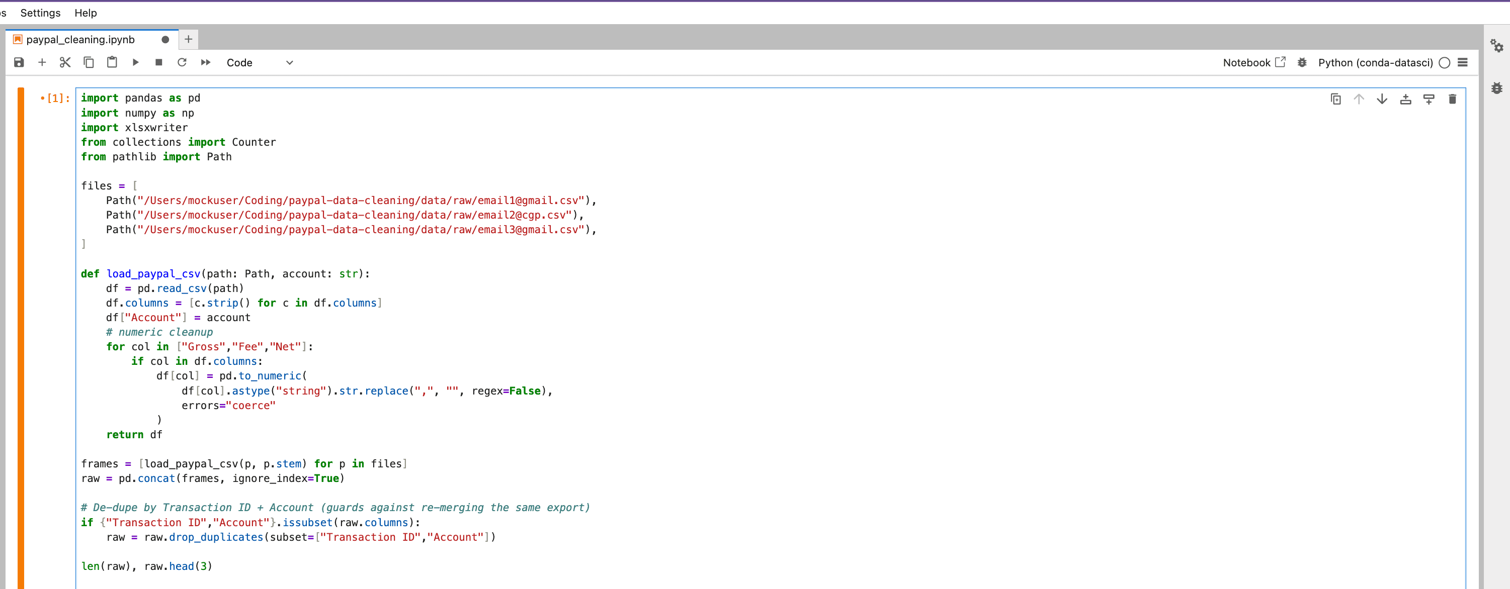 Jupyter notebook screenshot of the PayPal export cleaner